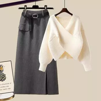 Женский трикотажный костюм из 2 предметов, юбка-карандаш с V-образным вырезом, комплект из двух частей, свободный свитер, трикотажный топ, юбка, наряды M