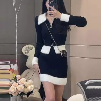 Женский трикотажный костюм с юбкой, трикотажный кардиган на молнии, свитер + юбка до бедер, комплект из двух предметов, трикотажный топ с короткой юбкой, костюмы, наряды one size чёрный