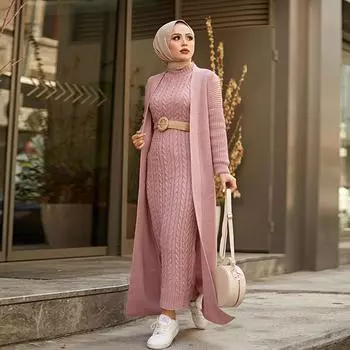 Женский трикотажный костюм, зимний вязаный модельный комбинезон, большие размеры, сохраняет тепло, турецкий хиджаб, длинный, с длинным рукавом