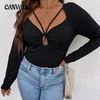 Женский трикотажный кружевной плиссированный ажурный топ с длинными рукавами в стиле сексуальный темперамент 1XL чёрный