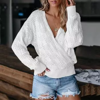 Женский трикотажный однотонный свитер с длинным рукавом и ажурным верхом S розовый