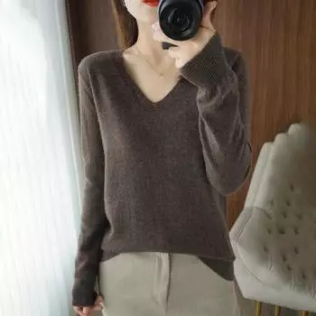 Женский трикотажный однотонный свободный рукав с V-образным вырезом, длинный крой, пуловер, топы, топы, сексуальные, с ребристой отделкой, тонкие M синий