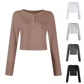 Женский трикотажный однотонный укороченный топ с V-образным вырезом, застегивающийся на пуговицы, с длинными рукавами L чёрный