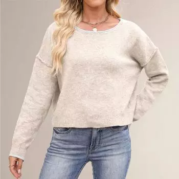 Женский трикотажный пуловер с круглым вырезом, колор-блок, свободного кроя, универсальный L бежевый