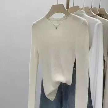 Женский трикотажный пуловер с круглым вырезом мятно-зеленого цвета — облегающий крой, длинный рукав, прозрачный верх для весны/осени Medium белый