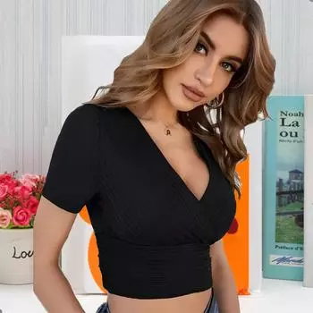 Женский трикотажный пуловер Wind Temperament с V-образным вырезом, летние новые сексуальные тонкие однотонные топы M чёрный