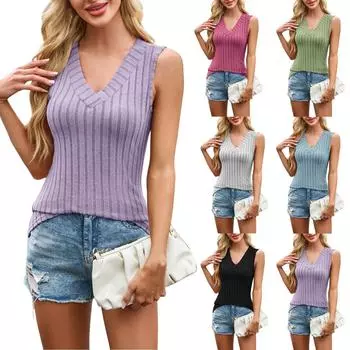 Женский трикотажный свитер без рукавов с большим V-образным вырезом в однотонную полоску L чёрный