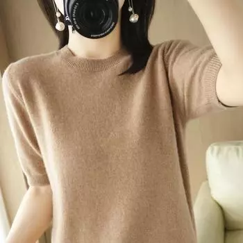 Женский трикотажный свитер с круглым вырезом, футболка с коротким рукавом, однотонный пуловер, топ M