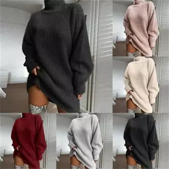 Женский трикотажный топ с длинным рукавом и воротником-стойкой, однотонное платье-свитер с полуворотом S красный