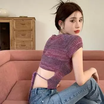 Женский трикотажный топ с квадратным вырезом в полоску и короткими рукавами, с открытым пупком One Size