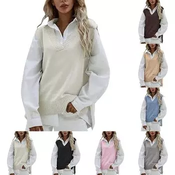 Женский трикотажный жилет без рукавов с V-образным вырезом, ребристый трикотажный пуловер с разрезом, свитер, жилет, блузка, жилет, рубашка One Size белый