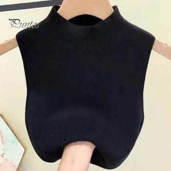 Женский трикотажный жилет, облегающий топ без рукавов с полувысоким воротником, однотонная эластичная трикотажная блузка на каждый день чёрный