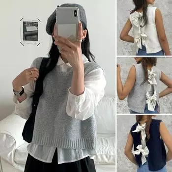 Женский трикотажный жилет с круглым вырезом без рукавов, укороченный топ с бантом сзади белый
