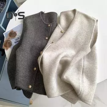 Женский трикотажный жилет с круглым вырезом, без рукавов, на пуговицах, плотный эластичный, однотонный, с матовой текстурой, свободный свитер, пальто для весны, осени, зимы абрикосовый