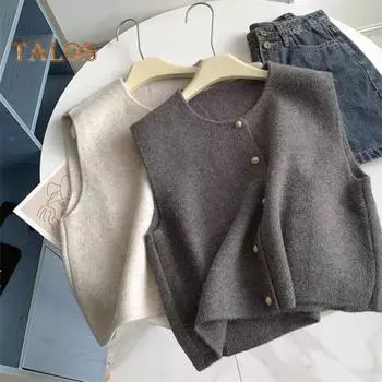 Женский трикотажный жилет с круглым вырезом, без рукавов, на пуговицах, плотный эластичный, однотонный, с матовой текстурой, свободный свитер, пальто для весны, осени, зимы темно-серого