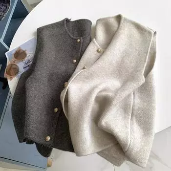 Женский трикотажный жилет с круглым вырезом, без рукавов, на пуговицах, плотный эластичный, однотонный, с матовой текстурой, свободный свитер, пальто для весны, осени, зимы абрикосовый