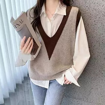 Женский трикотажный жилет с V-образным вырезом, свободный повседневный свитер без рукавов, майка, модный, универсальный M