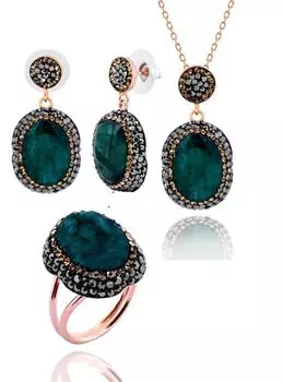Женский тройной комплект из овального зеленого изумрудного натурального камня серии акация, регулируемый размер