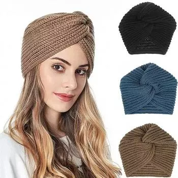 Женский тюрбан, вязаная индийская шапка, зимние теплые шапки, повязка на голову с крестом, вязаные шерстяные шапочки, шапочки для сна, теплые шапки для ушей, модные головные уборы для девочек, аксессуары для волос чёрный