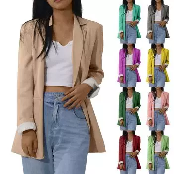 Женский твердый кардиган с открытыми передними карманами, формальный костюм, блузка с длинным рукавом, пальто M серый