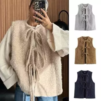 Женский твидовый жилет с бантом, элегантный шерстяной жилет с круглым вырезом без рукавов, укороченный женский жилет 2025 года, ранняя весна, мода, новая верхняя одежда S бежевый