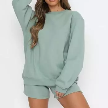 Женский удобный повседневный модный однотонный свитшот с круглым вырезом и шорты, комплект из двух предметов S