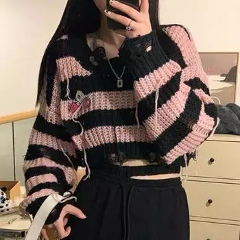 Женский укороченный свитер в стиле Харадзюку в готическом стиле в стиле Харадзюку, вязаные пуловеры в стиле феи в стиле гранж, осенние топы в готическом стиле с вырезами S