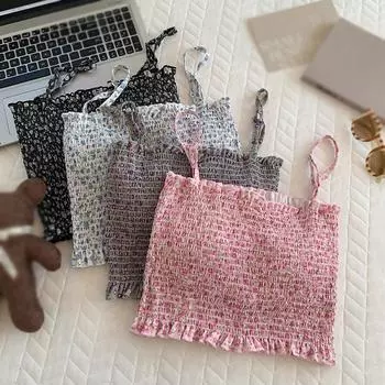 Женский укороченный топ-майка с цветочным принтом, плиссированный жилет с накладкой на грудь One Size