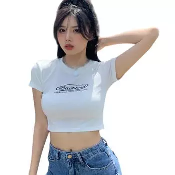 Женский укороченный топ облегающего кроя с круглым вырезом и буквенным принтом, повседневная футболка с коротким рукавом, топ для занятий йогой, базовая рубашка XL