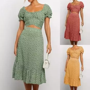 Женский укороченный топ с квадратным воротником и короткими рукавами с цветочным принтом + комплект юбки S зелёный