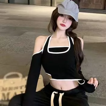 Женский укороченный топ с лямкой на шее, базовый топ с открытыми плечами, стильная блузка для девочек, пуловер с длинными рукавами, топ, облегающие топы, футболка
