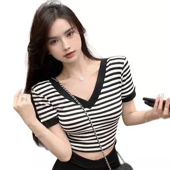 Женский укороченный топ с открытым пупком, повседневный, тонкий, милый, вязаный, с v-образным вырезом One Size