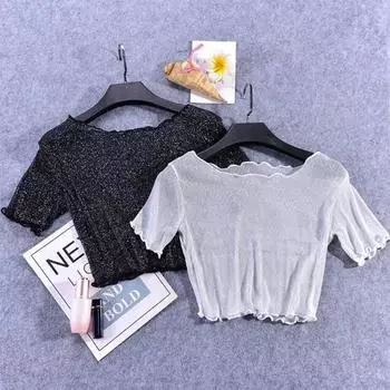 Женский укороченный топ с прозрачной отделкой и коротким рукавом с круглым вырезом, прозрачная сетчатая футболка с блестками, уличная одежда абрикосовый