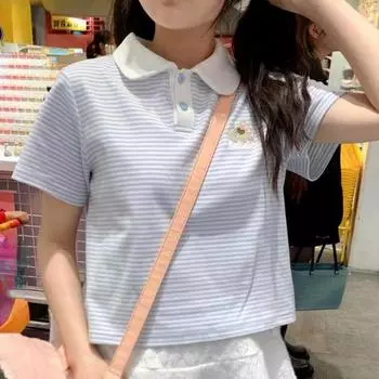 Женский укороченный топ с вышивкой, милые футболки с рисунком в полоску и пуговицами, винтажная футболка Harajuku, футболка Y2k, эстетичная футболка S розовый