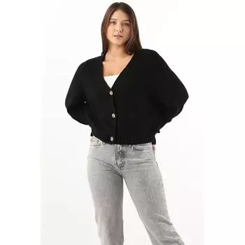 Женский укороченный трикотажный кардиган на пуговицах Черный