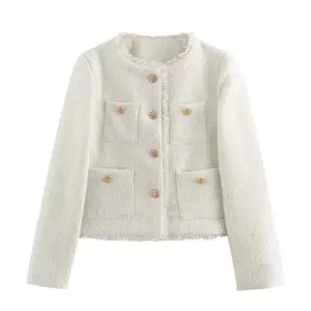 Женский укороченный твидовый пиджак Yousheng, короткое пальто с длинным рукавом и карманами, повседневный деловой костюм на весну и осень XS белый