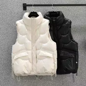 Женский укороченный жилет из стеганого хлопка со свободным стеганым капюшоном, однотонный топ M чёрный