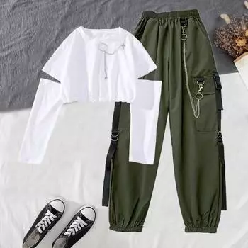 Женский уличный костюм, черные брюки-карго, женские брюки-цепочки, большие размеры XXL