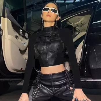 Женский уличный мотоциклетный ремень из ветровой кожи с сетчатой строчкой, эластичный тонкий ремень с полувысоким воротником и длинными рукавами, верхняя одежда S чёрный