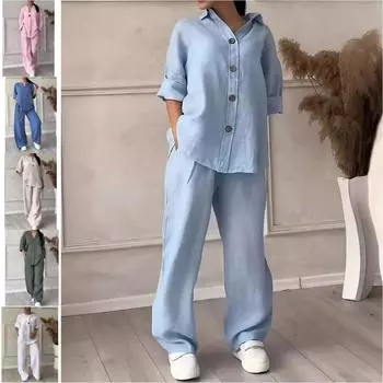 Женский уличный наряд больших размеров, осенний комплект, рубашка на пуговицах с длинными рукавами, широкие брюки, костюм из 2 предметов, повседневные брюки