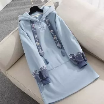 Женский уличный теплый длинный топ, зимний свитер с длинными рукавами в китайском стиле Hanfu XS синий