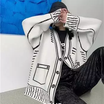 Женский уникальный свитер с длинным рукавом и принтом граффити, кардиган, осень-зима, вязаный кардиган с v-образным вырезом, женский Y2k, свободное ленивое вязаное пальто One Size белый