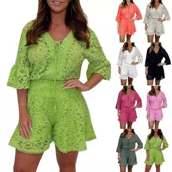 Женский универсальный модный однотонный топ для похудения из двух частей, вязаный крючком + шорты, повседневный комплект L