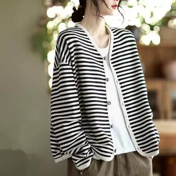 Женский универсальный полосатый вязаный кардиган 2024 года — свободный, ленивый стиль, короткая куртка с длинными рукавами для весны и осени One size high elasticity 70-125 catties тёмно-синий