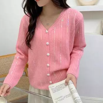 Женский универсальный свитер с v-образным вырезом и пайетками, свободный вязаный топ с жемчужной пряжкой One Size розовый