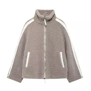 Женский универсальный свободный кардиган-жакет в европейском и американском стиле с воротником-стойкой из бархата Тедди и двухсторонней молнией XS чёрный