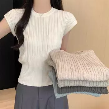 Женский универсальный трикотажный топ с круглым вырезом и коротким рукавом в корейском стиле - Летняя повседневная нишевая футболка 2025 One Size (Recommended for up to 125 lbs)