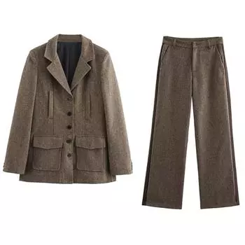 Женский универсальный винтажный тонкий костюм, комплект из двух предметов, осень-зима, однобортный пиджак с длинными рукавами и лацканами, прямые брюки S светло-коричневого