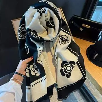 Женский универсальный зимний шарф, мягкая шаль из искусственного кашемира, утолщенная для тепла, двойное назначение: накидка на шею и плечи 185cm чёрный