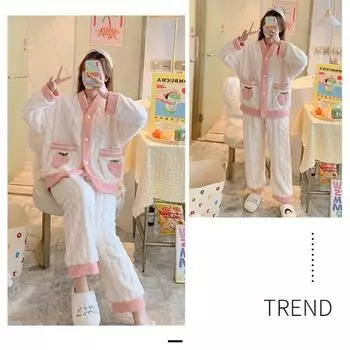 Женский утепленный пижамный комплект, топ с длинными рукавами и круглым вырезом, брюки, удобный свободный крой для осени и зимы One Size зелёный